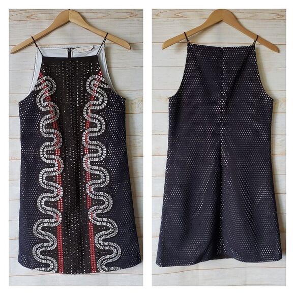 Tory Burch Runway Strappy Eyelet Shift Dress Summer Women's Size 8 Brown Blue - Picture 3 of 14